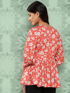 Janasya Women's Orange Crepe Digital Floral Print Casual Peplum Top | Grocsy
