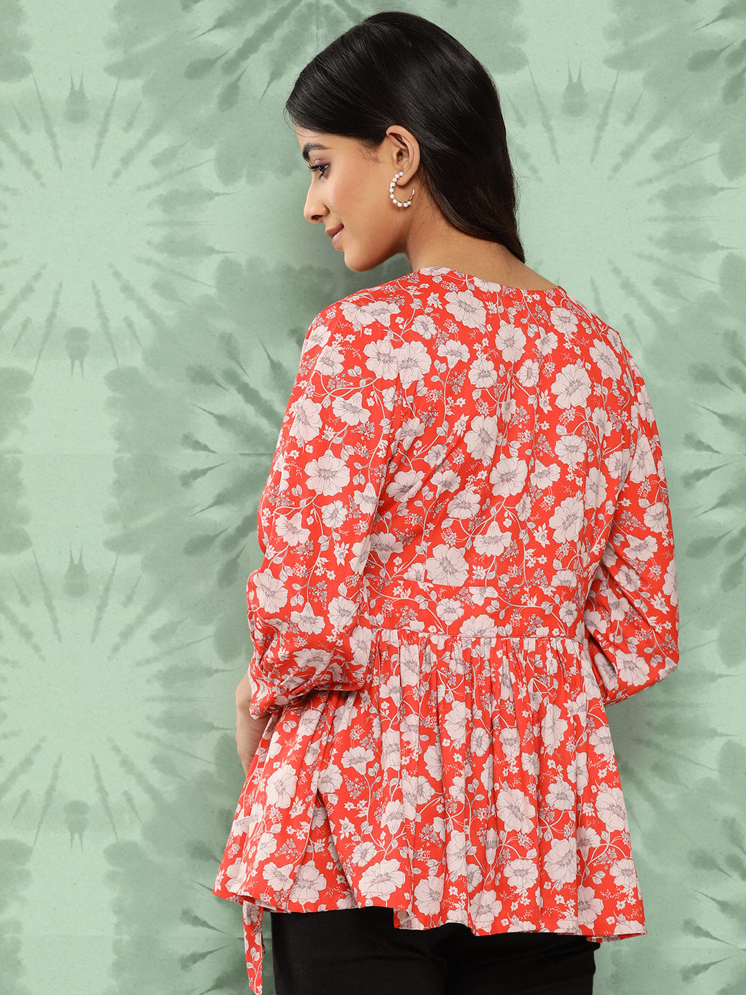 Janasya Women's Orange Crepe Digital Floral Print Casual Peplum Top | Grocsy
