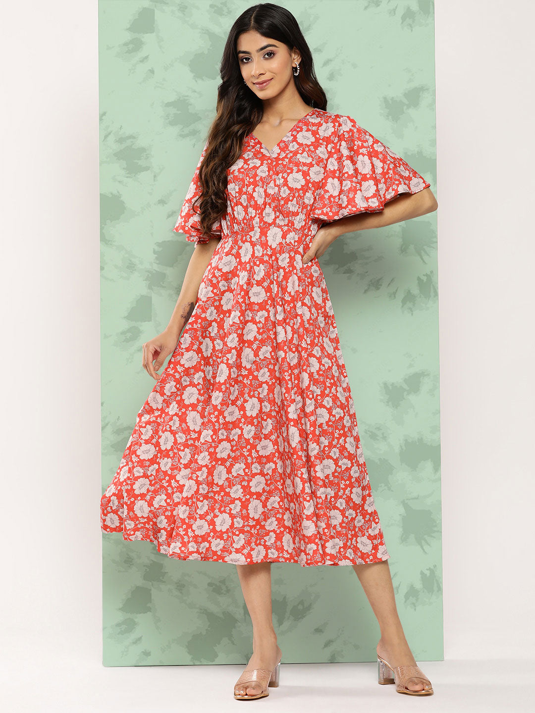 Janasya Women's Orange Crepe Digital Printed Flared Casual Dress | Grocsy