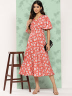 Janasya Women's Orange Crepe Digital Printed Flared Casual Dress | Grocsy
