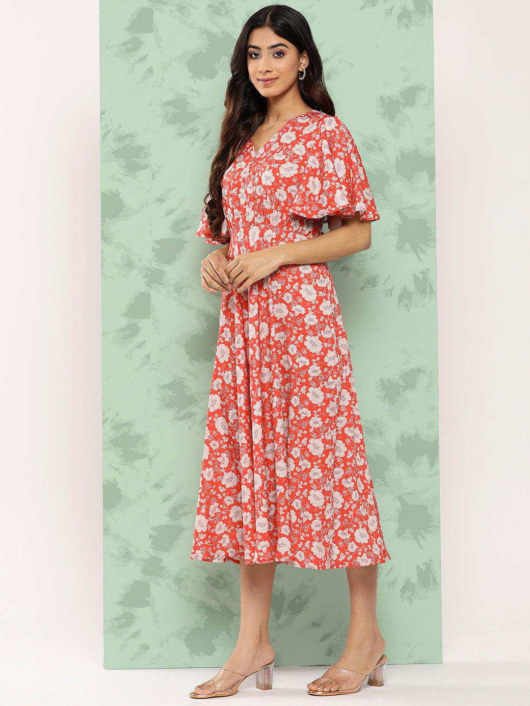 Janasya Women's Orange Crepe Digital Printed Flared Casual Dress | Grocsy