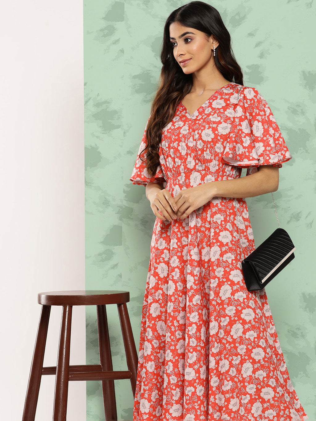 Janasya Women's Orange Crepe Digital Printed Flared Casual Dress | Grocsy
