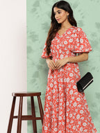 Janasya Women's Orange Crepe Digital Printed Flared Casual Dress | Grocsy
