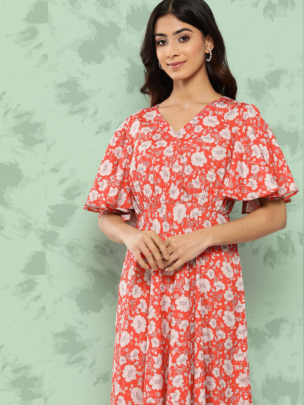 Janasya Women's Orange Crepe Digital Printed Flared Casual Dress | Grocsy