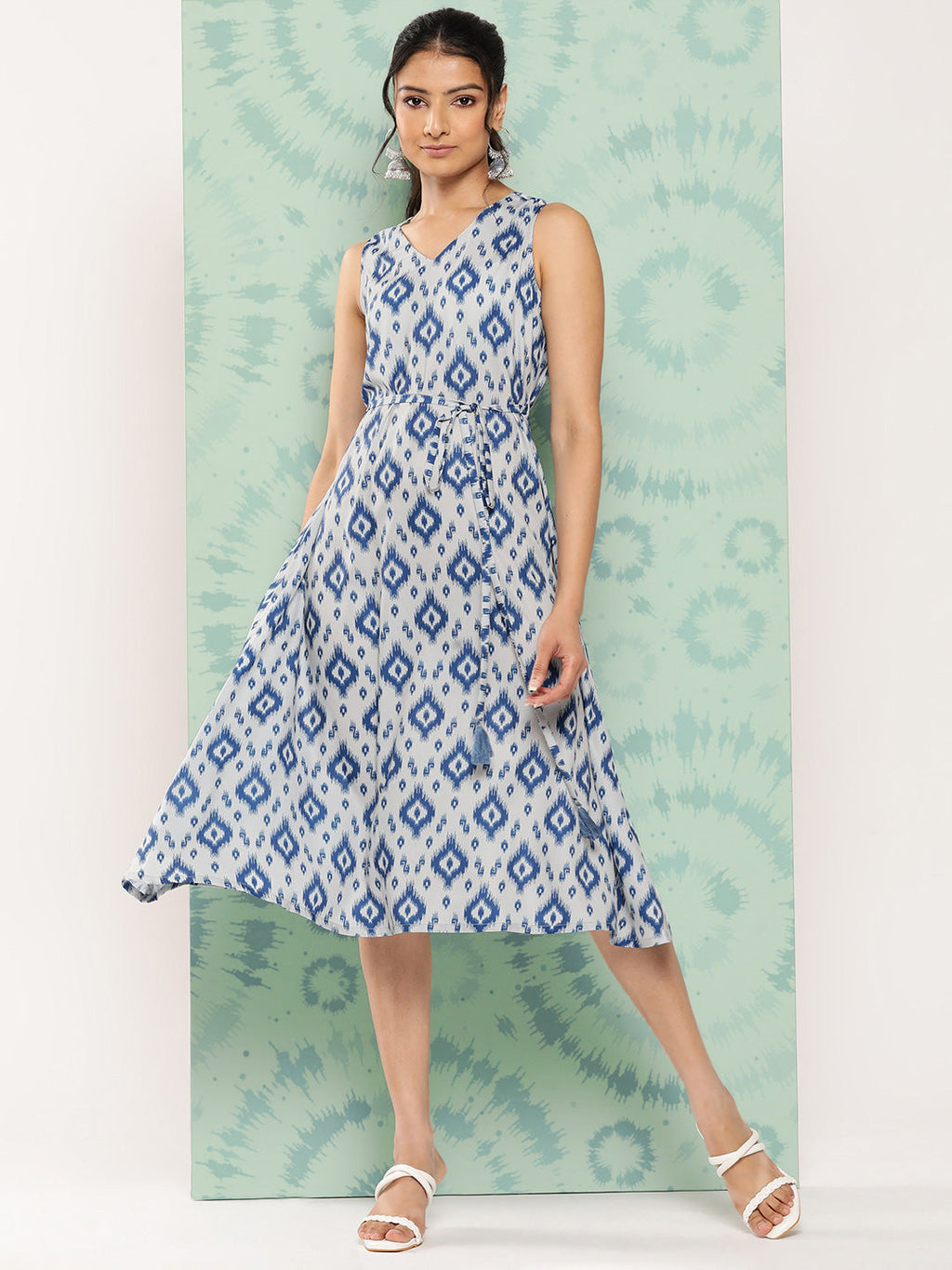Janasya Women's Grey Crepe Ikat Printed A Line Casual Dress | Grocsy