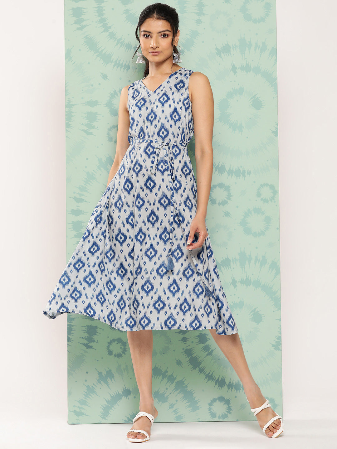 Janasya Women's Grey Crepe Ikat Printed A Line Casual Dress | Grocsy