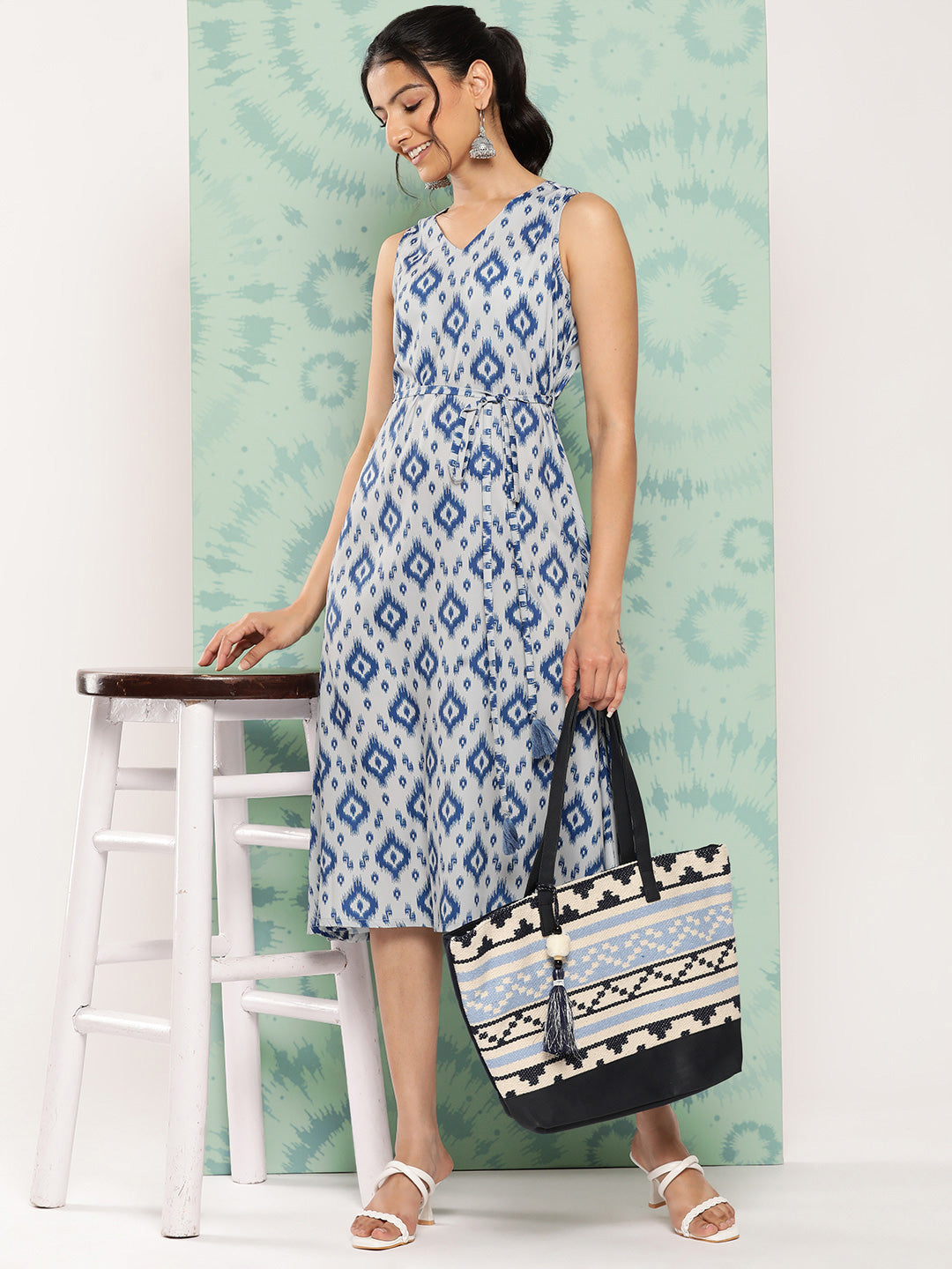 Janasya Women's Grey Crepe Ikat Printed A Line Casual Dress | Grocsy