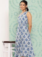 Janasya Women's Grey Crepe Ikat Printed A Line Casual Dress | Grocsy