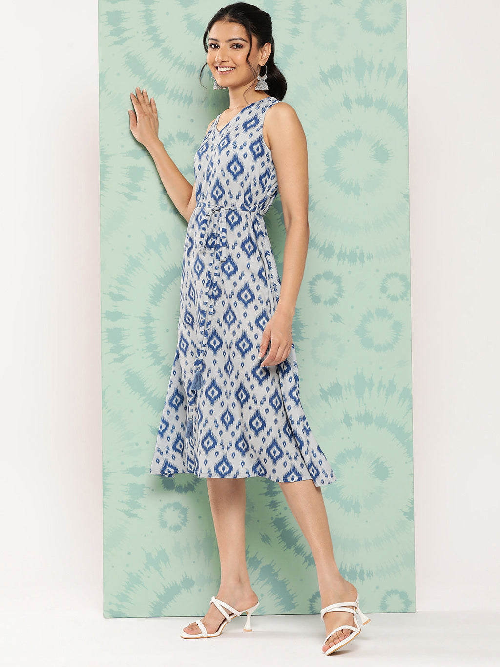 Janasya Women's Grey Crepe Ikat Printed A Line Casual Dress | Grocsy