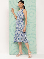 Janasya Women's Grey Crepe Ikat Printed A Line Casual Dress | Grocsy