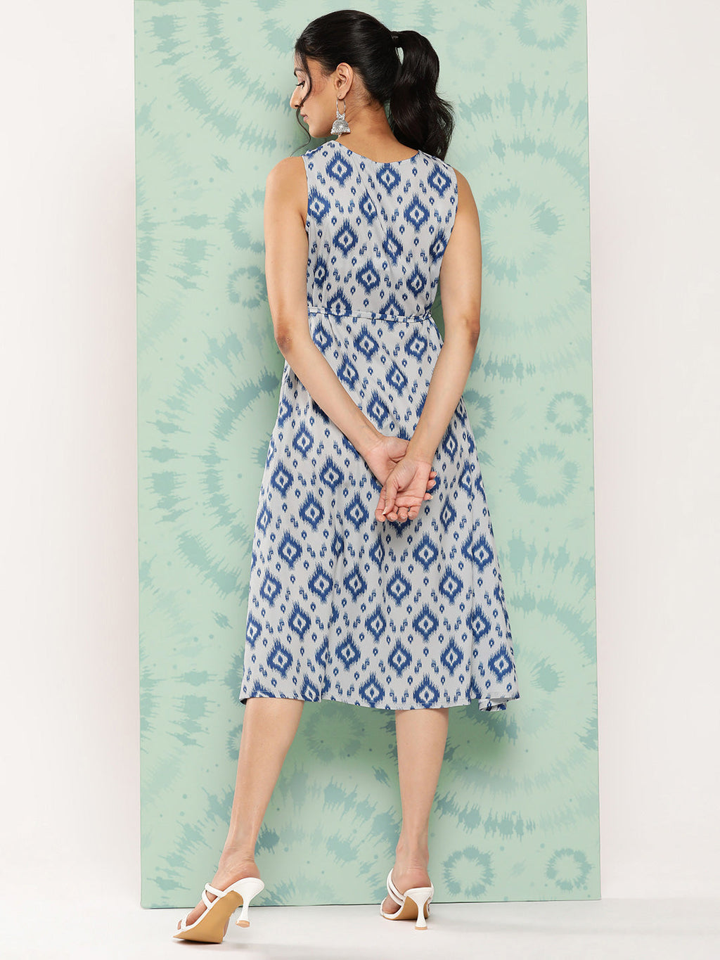 Janasya Women's Grey Crepe Ikat Printed A Line Casual Dress | Grocsy