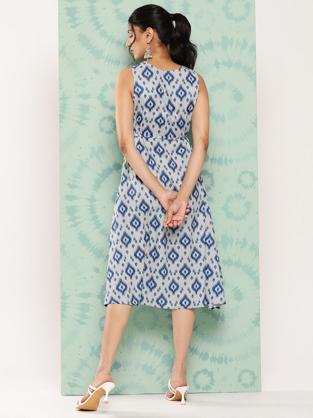 Janasya Women's Grey Crepe Ikat Printed A Line Casual Dress | Grocsy