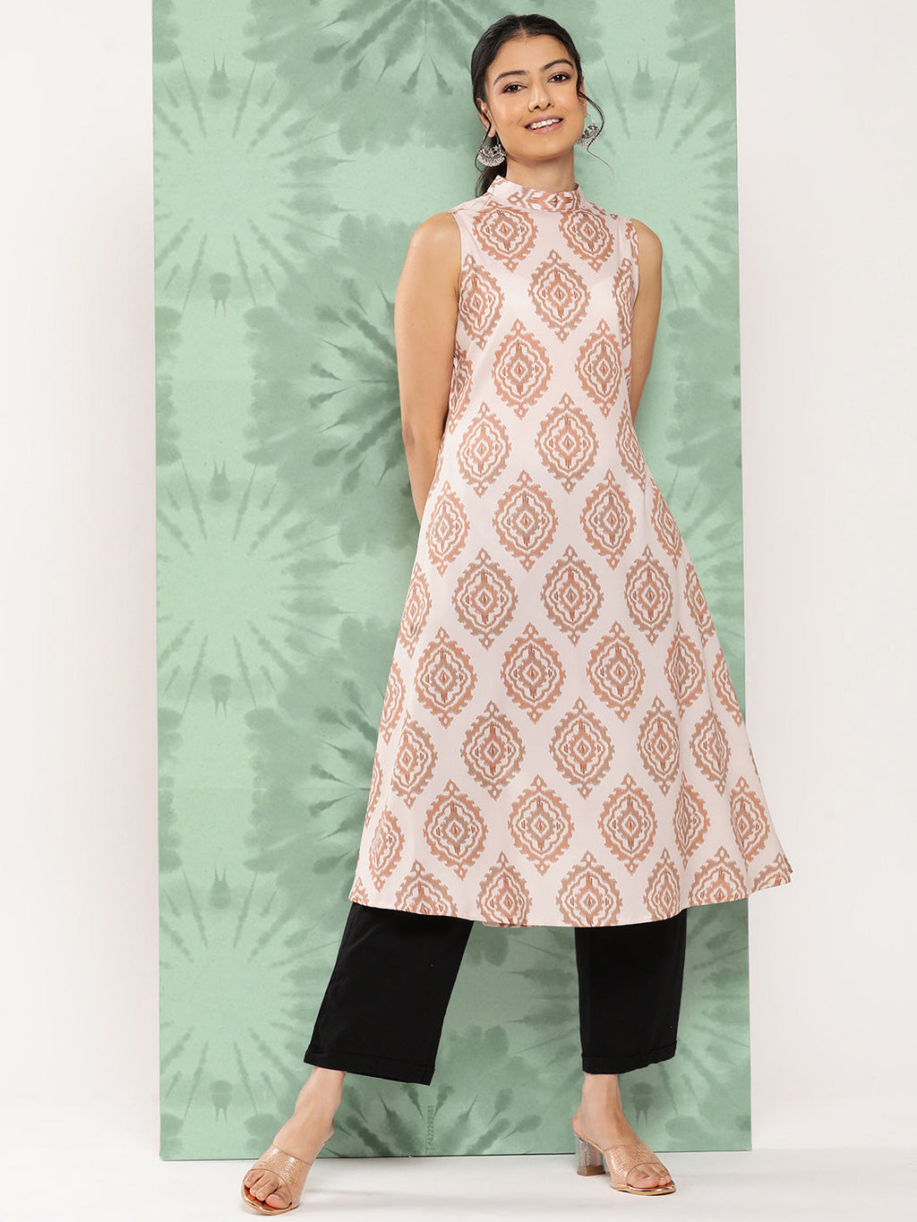 Janasya Women's Light Peach Crepe Digital Printed Casual A-Line Kurta | Grocsy