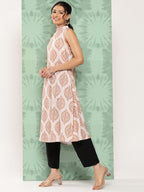 Janasya Women's Light Peach Crepe Digital Printed Casual A-Line Kurta | Grocsy