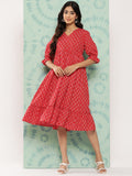 Janasya Women's Red Cotton Ethnic Motifs Printed Flared Casual Dress | Grocsy