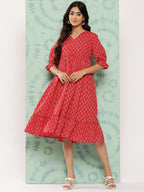 Janasya Women's Red Cotton Ethnic Motifs Printed Flared Casual Dress | Grocsy