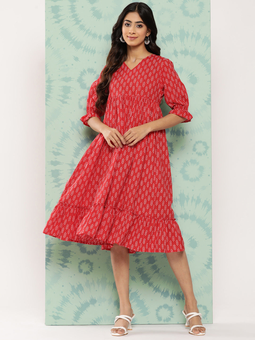 Janasya Women's Red Cotton Ethnic Motifs Printed Flared Casual Dress | Grocsy