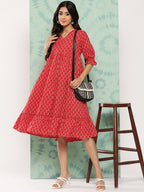 Janasya Women's Red Cotton Ethnic Motifs Printed Flared Casual Dress | Grocsy