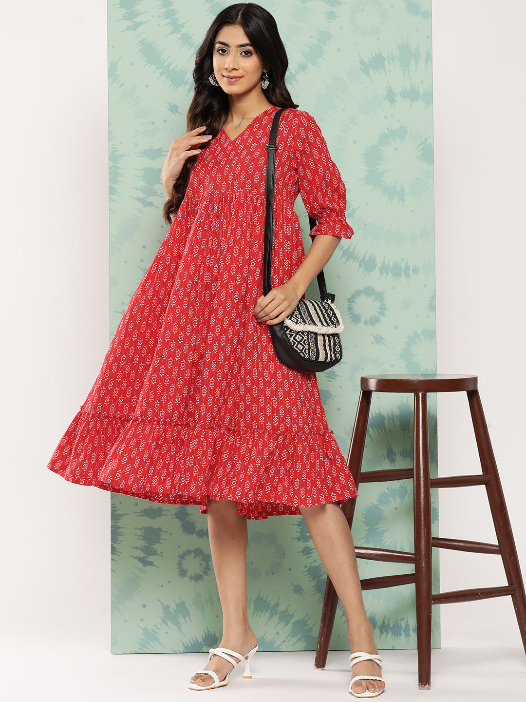 Janasya Women's Red Cotton Ethnic Motifs Printed Flared Casual Dress | Grocsy