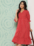 Janasya Women's Red Cotton Ethnic Motifs Printed Flared Casual Dress | Grocsy