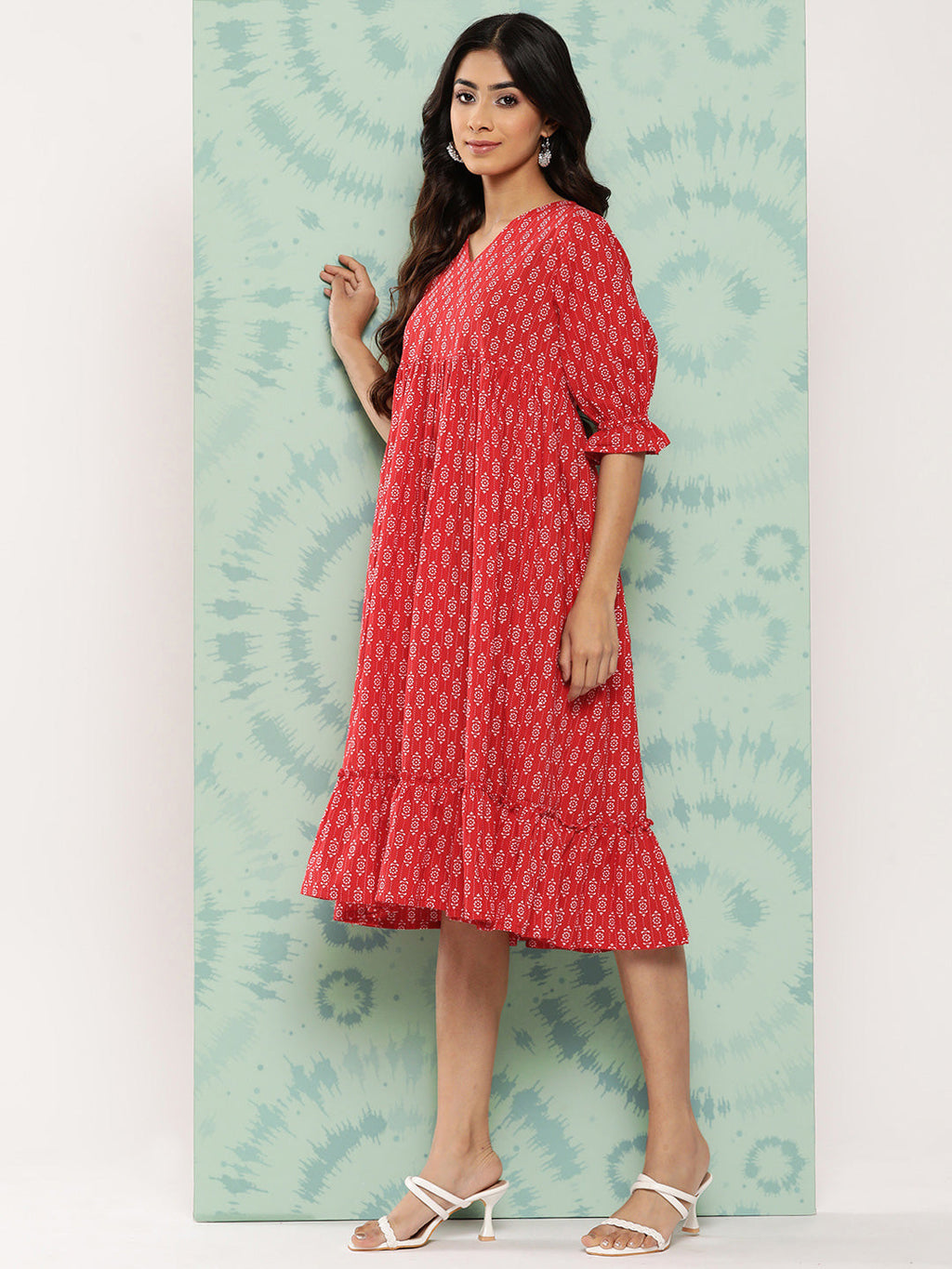 Janasya Women's Red Cotton Ethnic Motifs Printed Flared Casual Dress | Grocsy