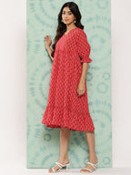 Janasya Women's Red Cotton Ethnic Motifs Printed Flared Casual Dress | Grocsy