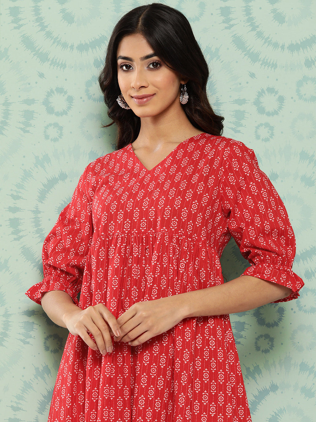 Janasya Women's Red Cotton Ethnic Motifs Printed Flared Casual Dress | Grocsy