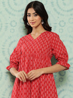 Janasya Women's Red Cotton Ethnic Motifs Printed Flared Casual Dress | Grocsy