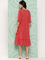 Janasya Women's Red Cotton Ethnic Motifs Printed Flared Casual Dress | Grocsy