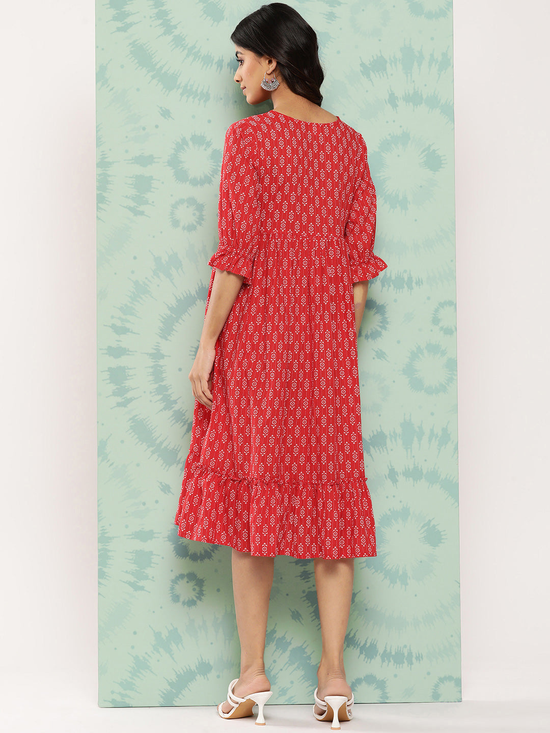 Janasya Women's Red Cotton Ethnic Motifs Printed Flared Casual Dress | Grocsy