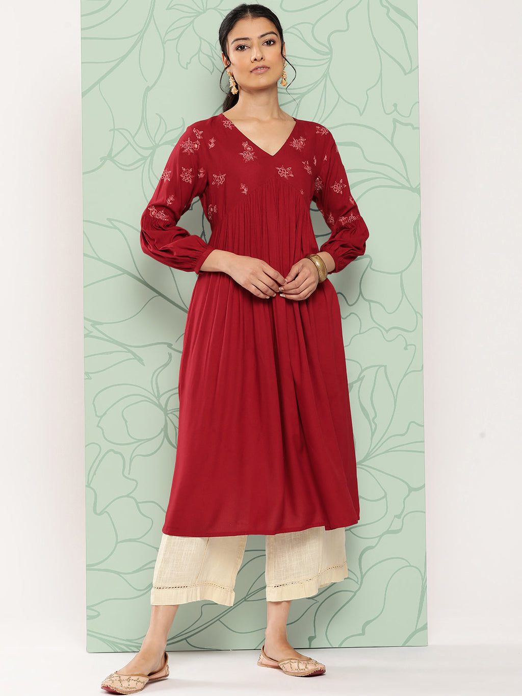 Janasya Women's Maroon Rayon Solid Party Gathered Kurta | Grocsy