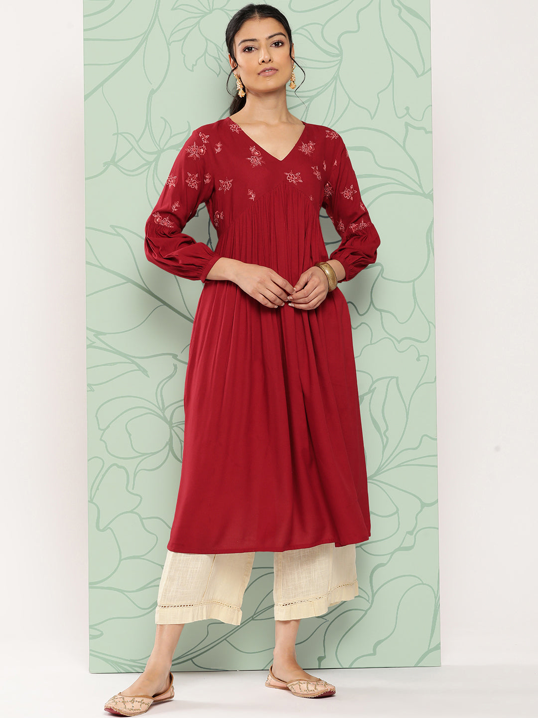 Janasya Women's Maroon Rayon Solid Party Gathered Kurta | Grocsy
