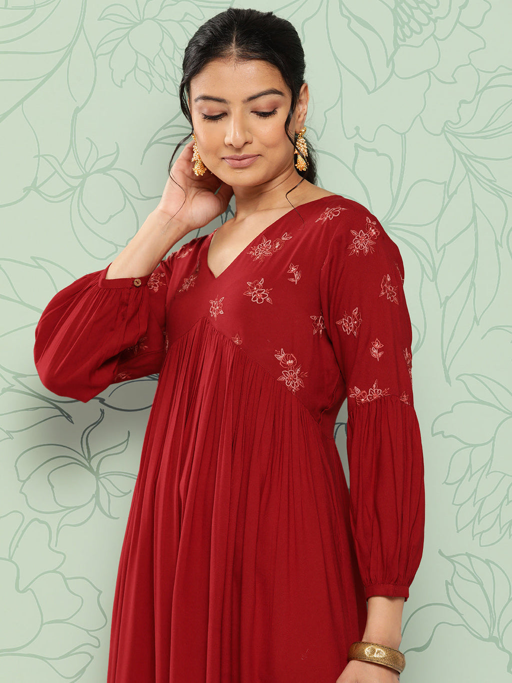 Janasya Women's Maroon Rayon Solid Party Gathered Kurta | Grocsy