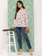 Janasya Women's Light Peach Crepe Digital Printed Casual A-Line Top | Grocsy