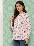 Janasya Women's Light Peach Crepe Digital Printed Casual A-Line Top | Grocsy