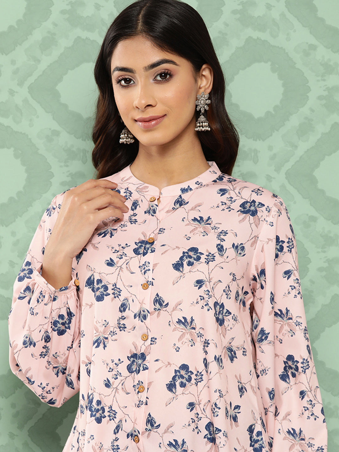 Janasya Women's Light Peach Crepe Digital Printed Casual A-Line Top | Grocsy
