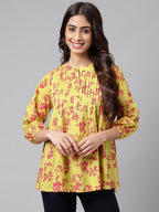 Janasya Women's Yellow Cotton Floral Printed Casual A-Line Top | Grocsy
