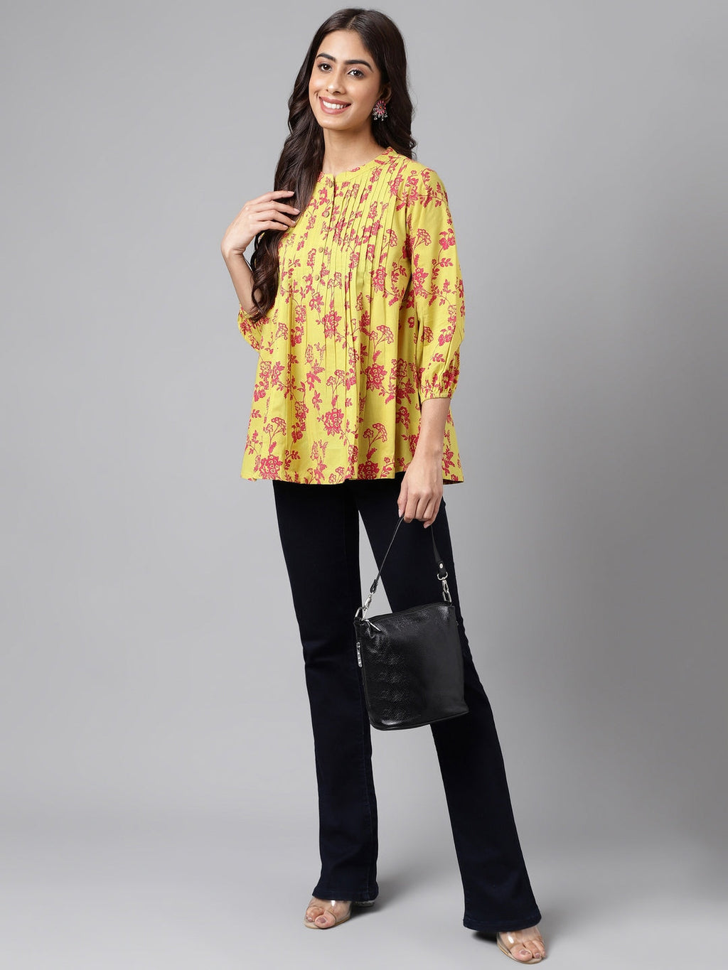 Janasya Women's Yellow Cotton Floral Printed Casual A-Line Top | Grocsy