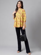 Janasya Women's Yellow Cotton Floral Printed Casual A-Line Top | Grocsy