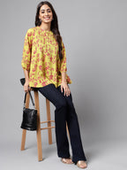 Janasya Women's Yellow Cotton Floral Printed Casual A-Line Top | Grocsy