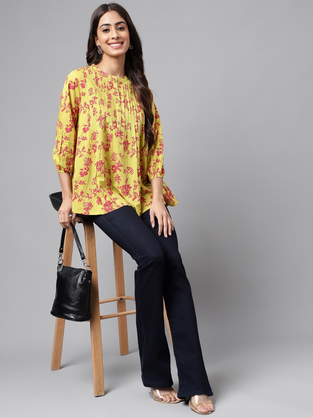 Janasya Women's Yellow Cotton Floral Printed Casual A-Line Top | Grocsy