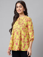 Janasya Women's Yellow Cotton Floral Printed Casual A-Line Top | Grocsy
