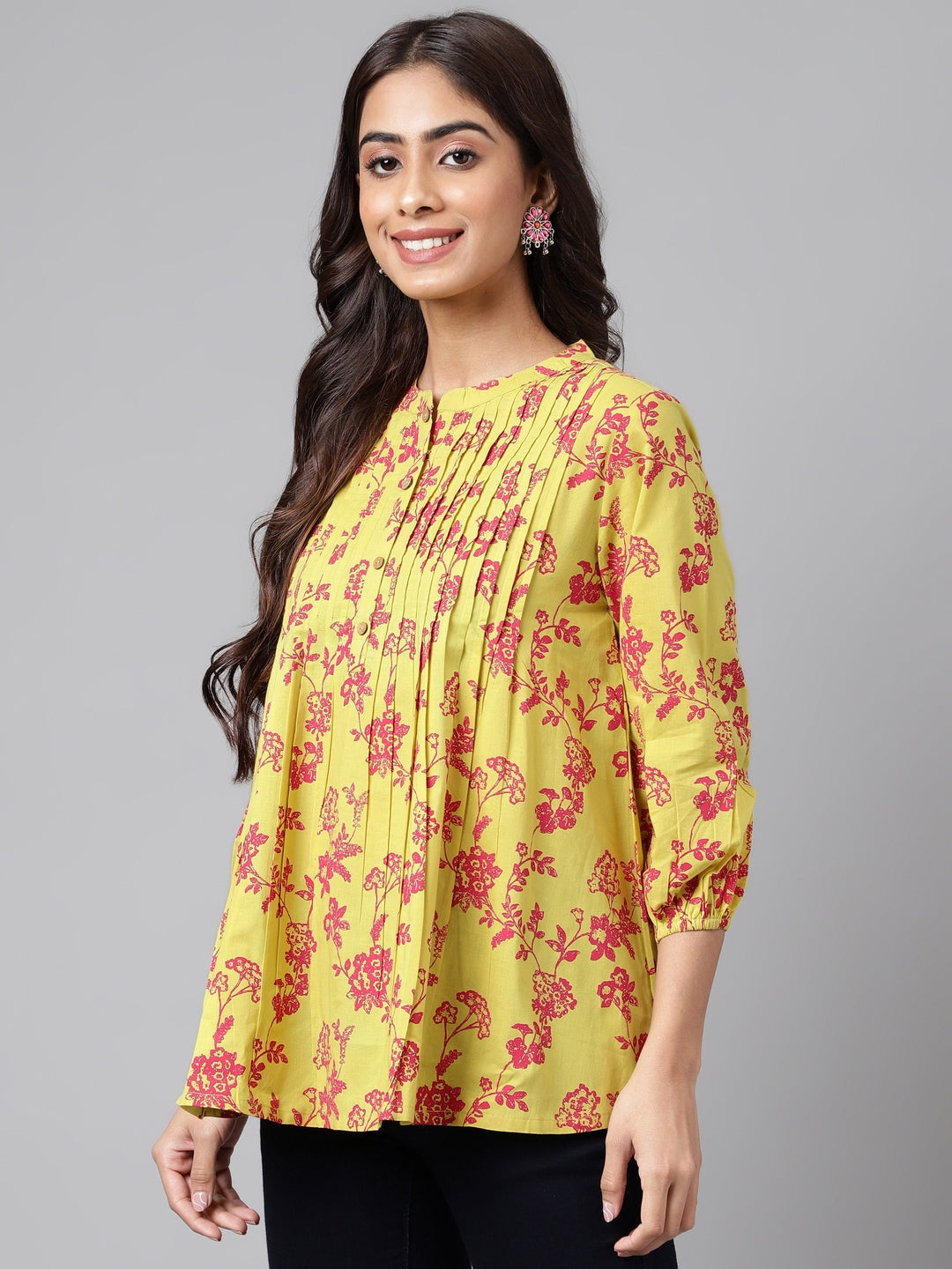 Janasya Women's Yellow Cotton Floral Printed Casual A-Line Top | Grocsy
