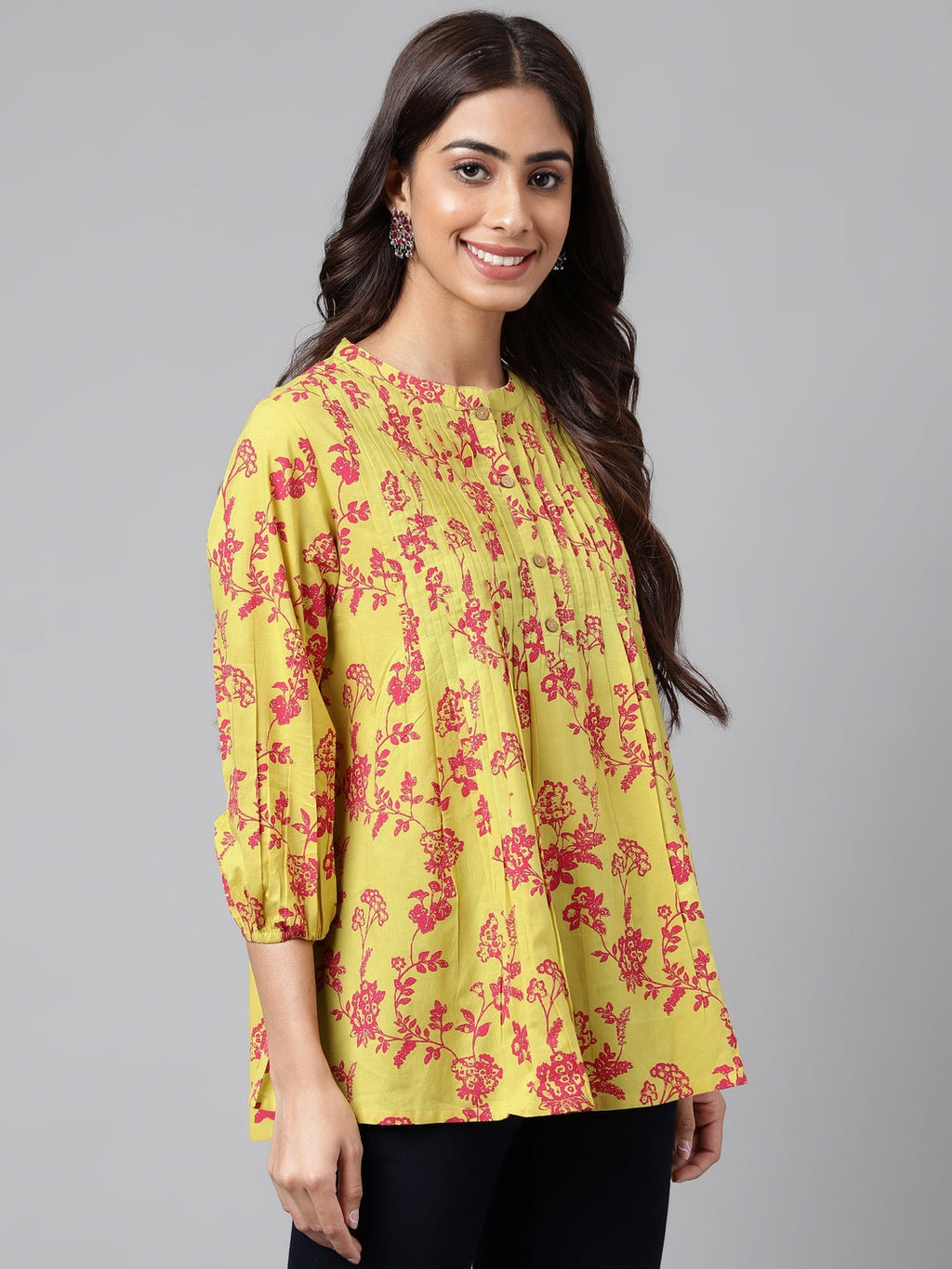 Janasya Women's Yellow Cotton Floral Printed Casual A-Line Top | Grocsy