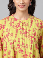 Janasya Women's Yellow Cotton Floral Printed Casual A-Line Top | Grocsy