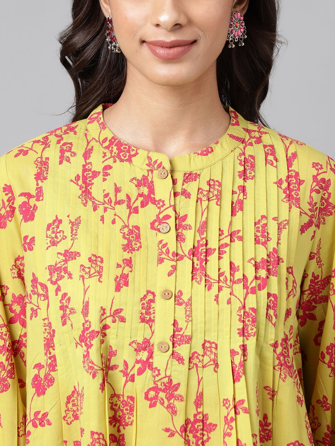 Janasya Women's Yellow Cotton Floral Printed Casual A-Line Top | Grocsy