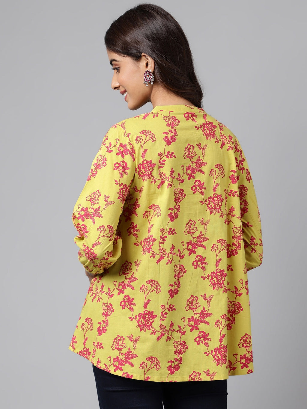 Janasya Women's Yellow Cotton Floral Printed Casual A-Line Top | Grocsy