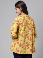 Janasya Women's Yellow Cotton Floral Printed Casual A-Line Top | Grocsy