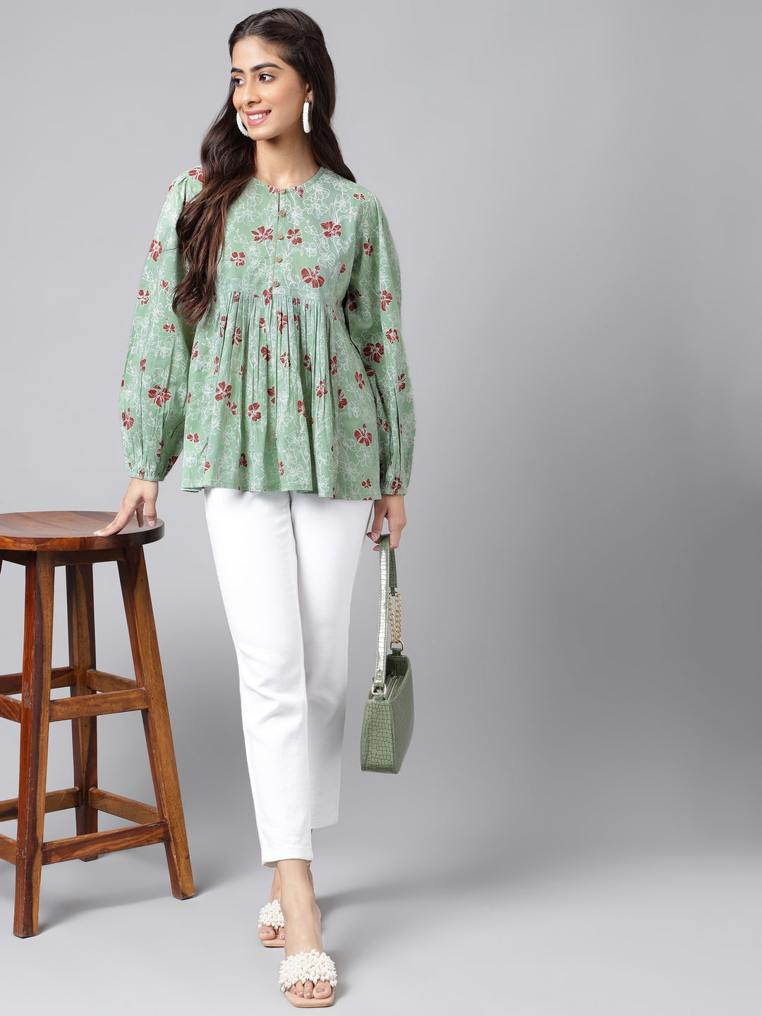 Indian Clothing Janasya Women's Green Cotton Floral Printed Casual Peplum Top | Grocsy
