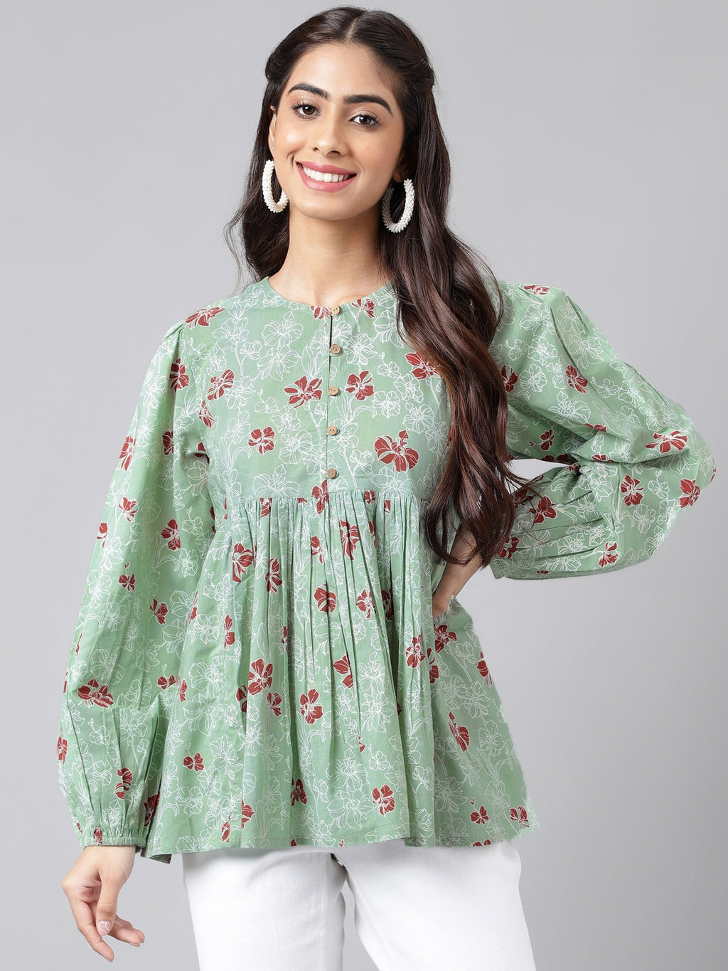 Indian Clothing Janasya Women's Green Cotton Floral Printed Casual Peplum Top | Grocsy